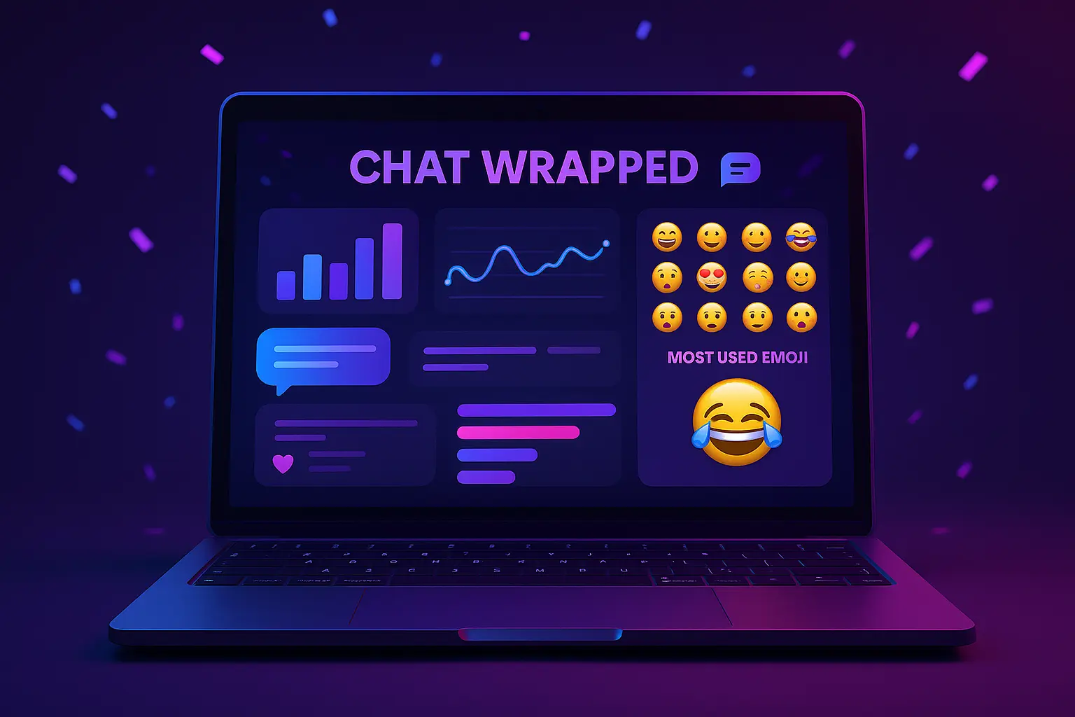 Laptop screen showing colourful analytics dashboard – evocative of Chat Wrapped output